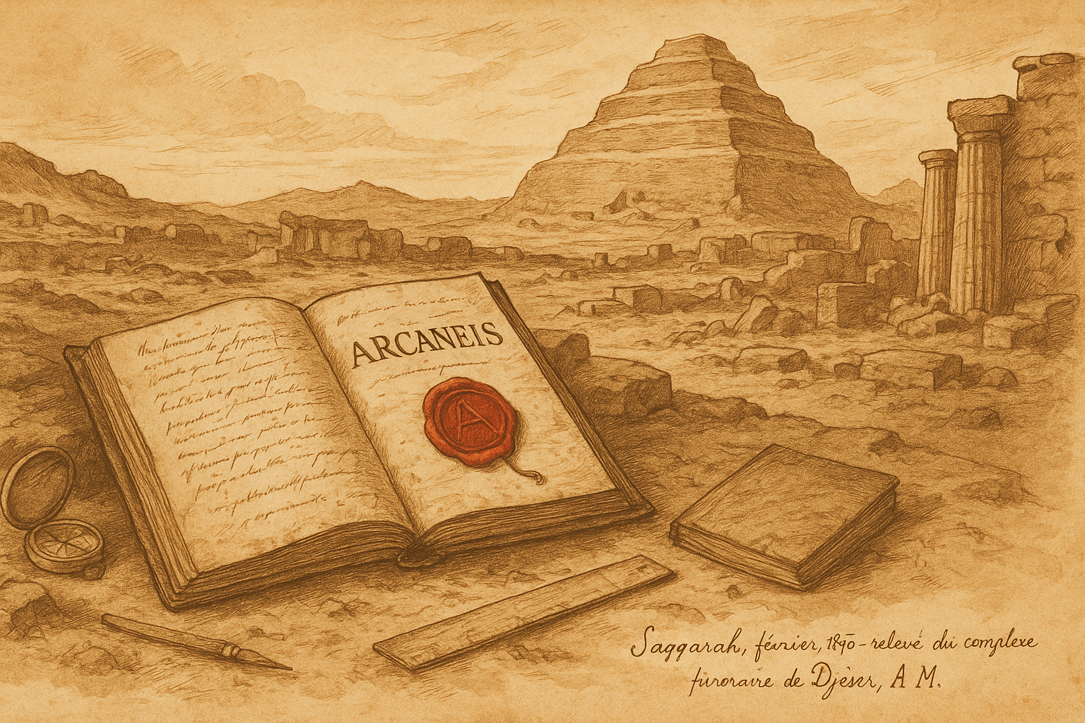 Livre Arcaneïs ouvert sur le sable de Saqqarah, cachet de cire et croquis à la plume façon Nestor L’Hôte